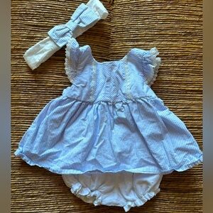 Tahari Blue and White Striped Baby Girl Dress with Bow Headband, Size 3-6 M